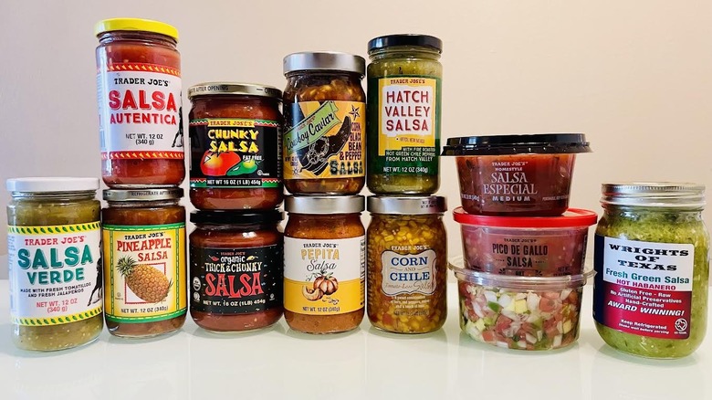 All of Trader Joe's salsa lined up on table