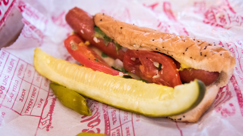 pictured close up of Chicago style hot dog
