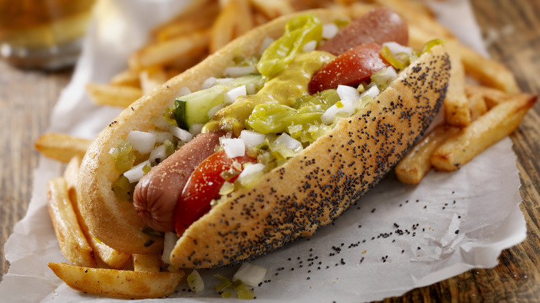 Chicago hot dog served with fries
