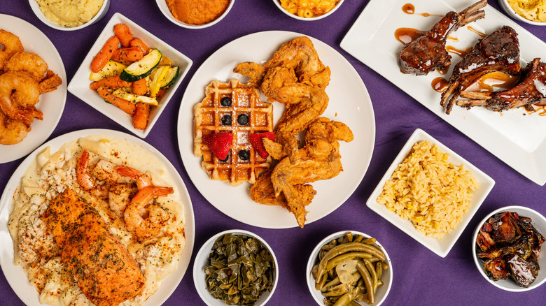 a bunch of soul food dishes overhead