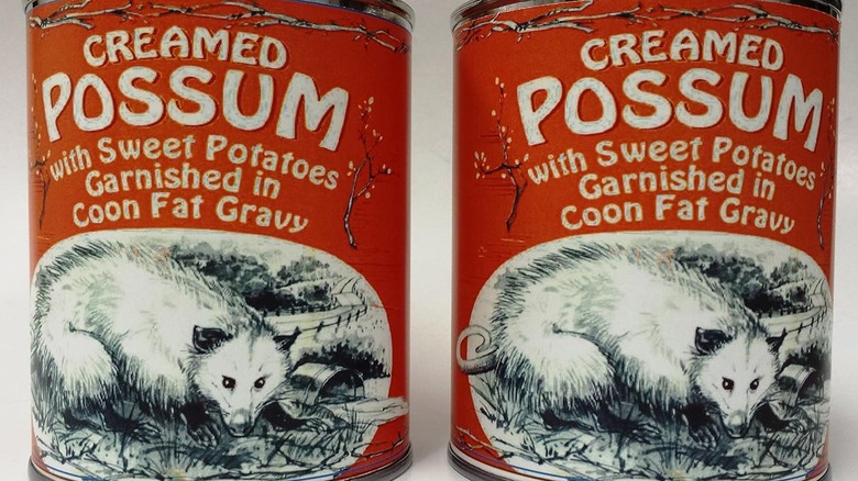 Cans of creamed possum with sweet potatoes