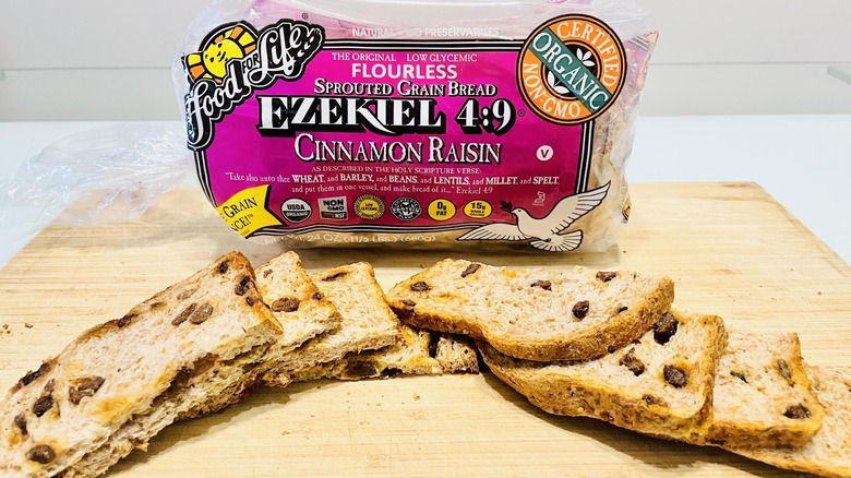 Ezekiel Cinnamon Raisin Bread with slices in front