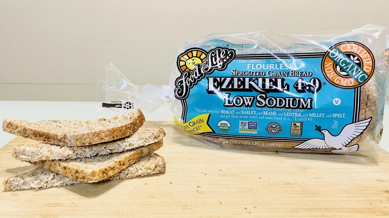 Loaf of Ezekiel Low-Sodium Bread with slices on side