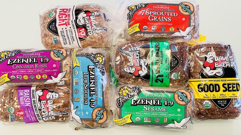 Various loaves of Ezekiel and Dave's Killer Bread