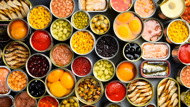 An array of opened canned goods.