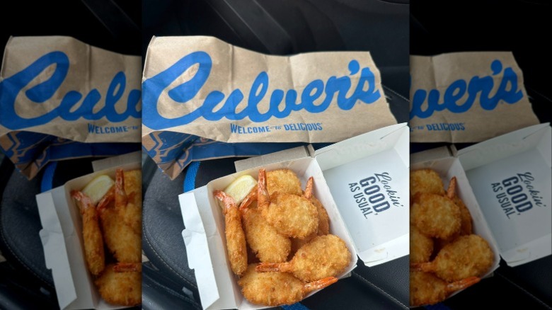 Fried shrimp from Culver's next to a takeout bag