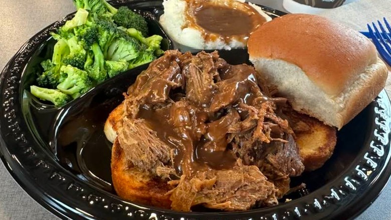 Culver's pot roast sandwich with broccoli and mashed potatoes