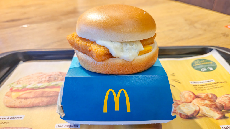 A McDonald's Filet-O-Fish on a blue box