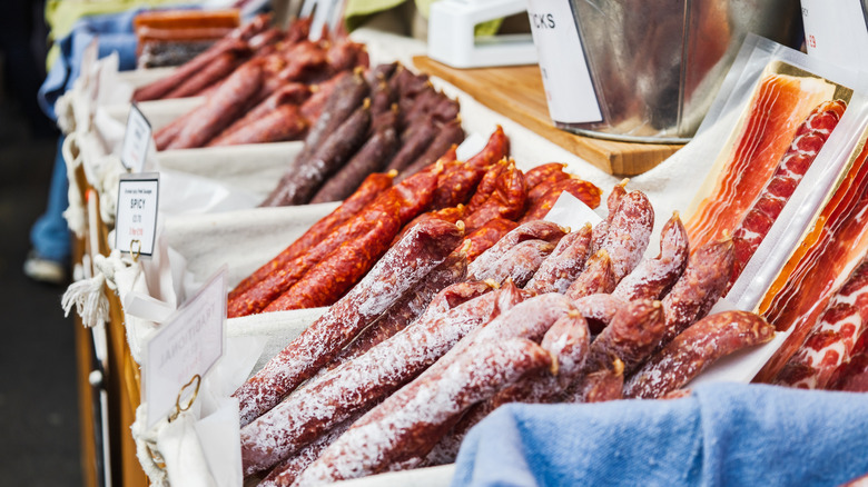 A selection of beef jerkies and cured meats