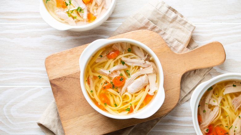 Bowls of homemade chicken noodle soup