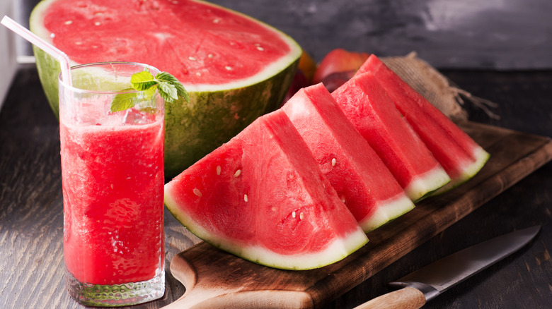 watermelon slices and glass of juice