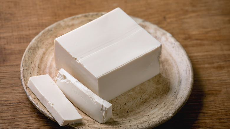 A rectangle of tofu sits on an earthenware plate.