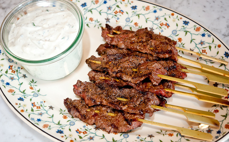 Skirt Steak Skewers With Blue Cheese Dip