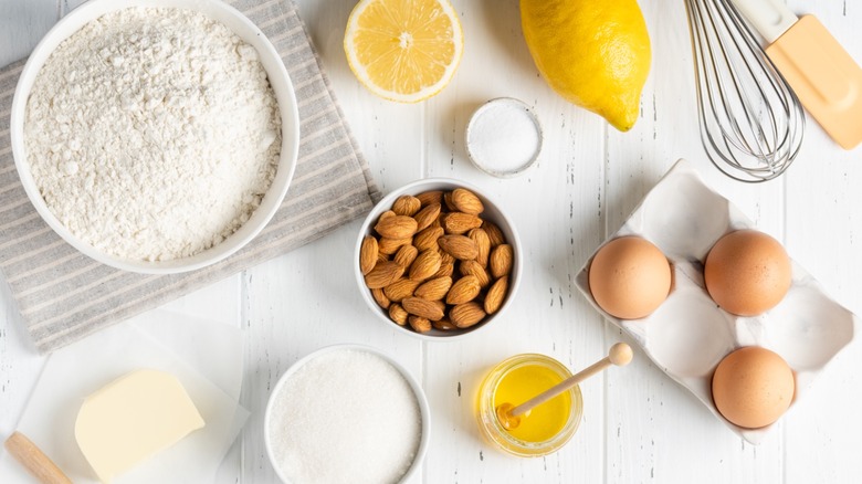 Pancake ingredients with almonds and lemon