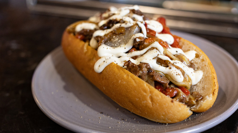 A Philly cheesesteak on a plate.