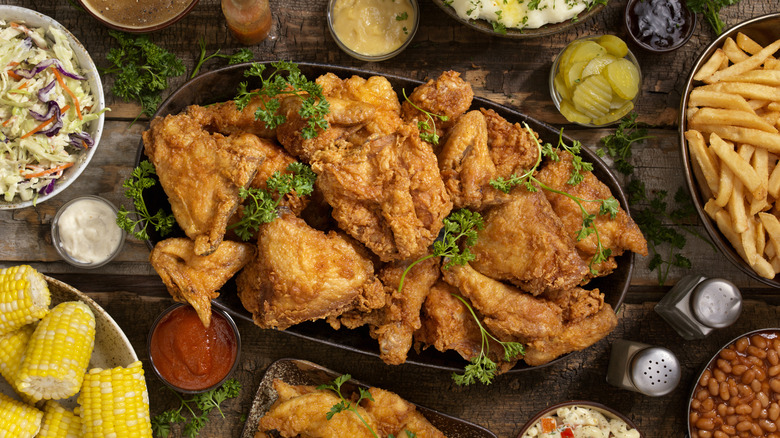 Crispy fried chicken feast with different sides