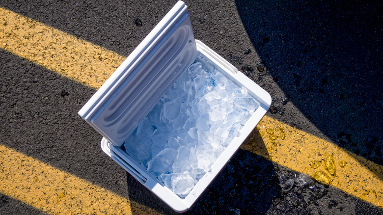 An open cooler filled with ice sits on the blacktop in a parking lot.