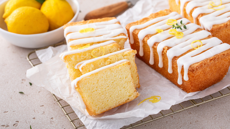 Lemon pound cake with drizzle and thyme