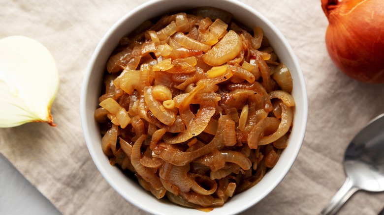 Caramelized onions in a white bowl
