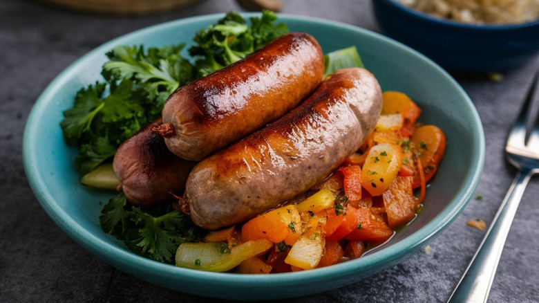 Cooked sausages sit atop garnish and cooked vegetables in a blue dish
