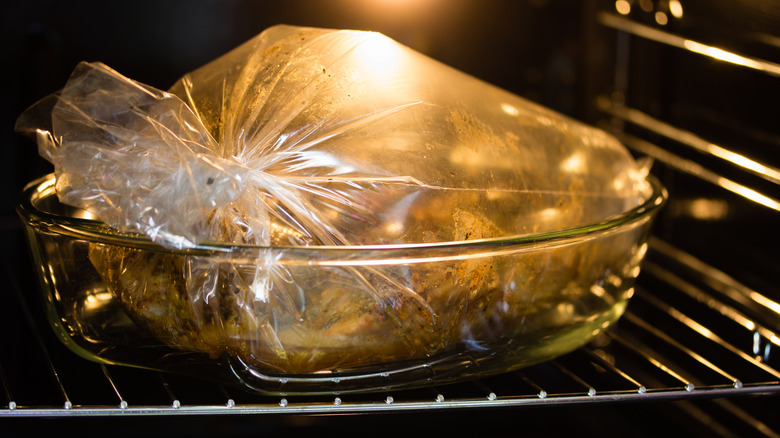 A cooking bag used for roasting meat in the oven
