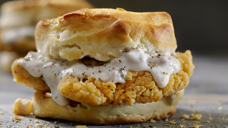 Fried chicken sandwich on a biscuit