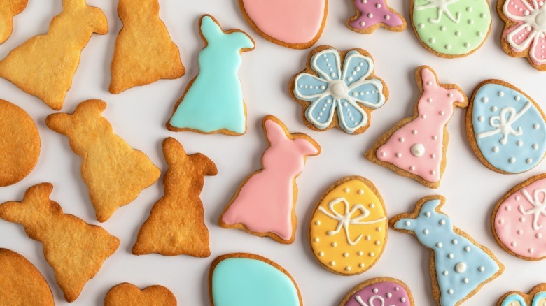 Easter themed cookies decorated with pastel royal icing 