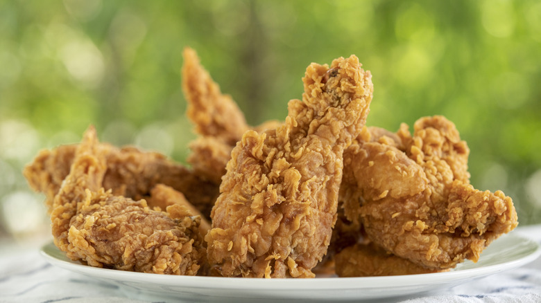 Crispy fried chicken wings on a white plate outside