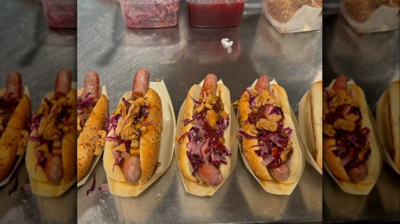 A selection of Danish hot dogs from John's Hot Dog Deli, a popular spot in Copenhagen.
