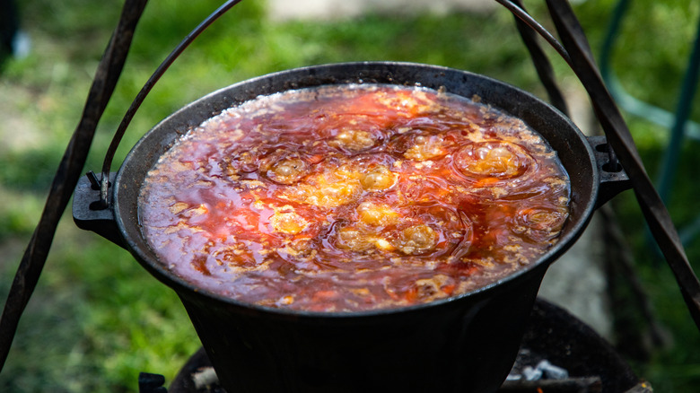 A boiling pot of beef stew on a campfire