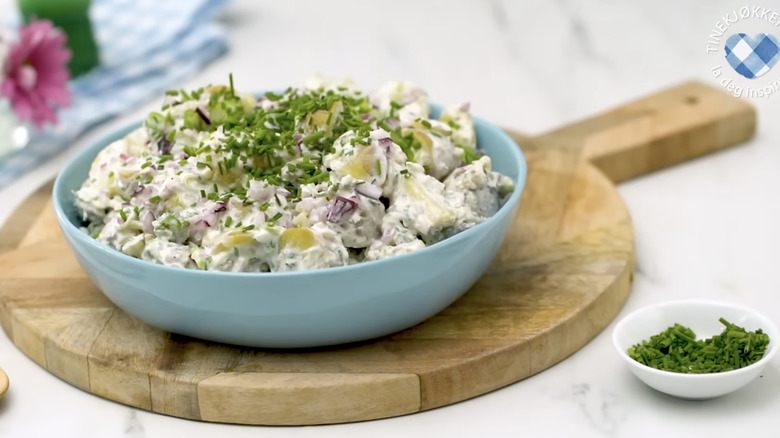 Norwegian potato salad in a bowl.