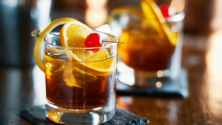 Old Fashioned with cherry and orange garnish