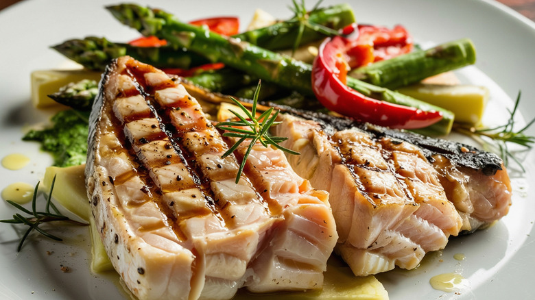 grilled swordfish on a plate alongside asparagus