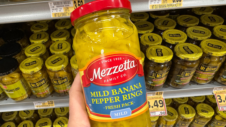 Jar of mild banana pepper rings in store