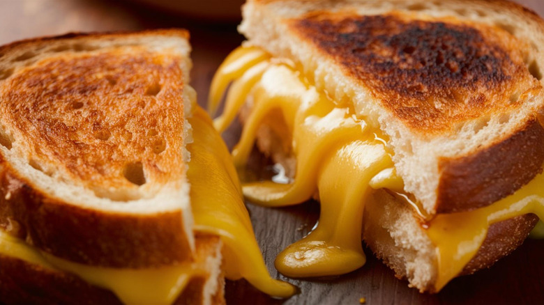 A close-up of a gooey cheddar grilled cheese sliced in half