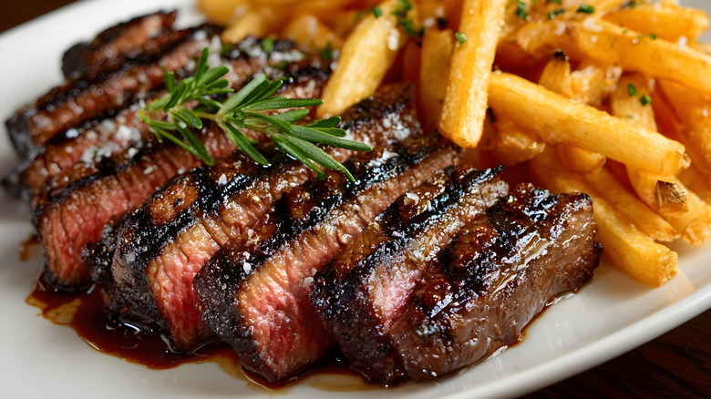 A juicy, grilled steak with fries.