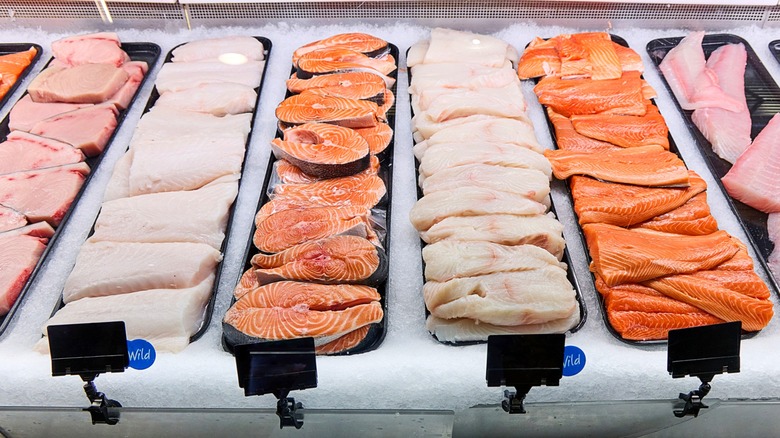 Salmon and seafood for sale.