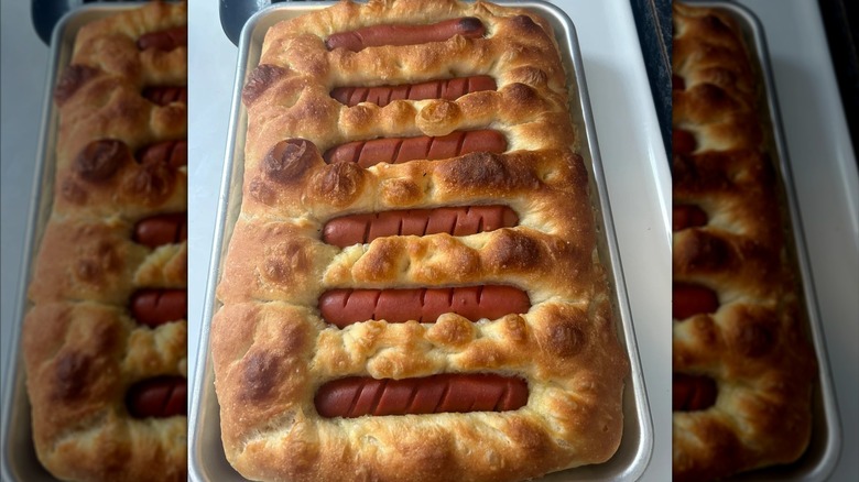 Baked hot dogs in focaccia