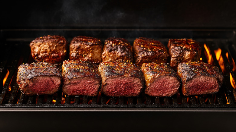 Rows of chuck roast are grilled over flames