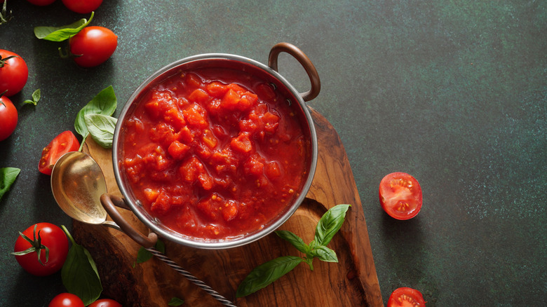 A homemade tomato sauce with basil