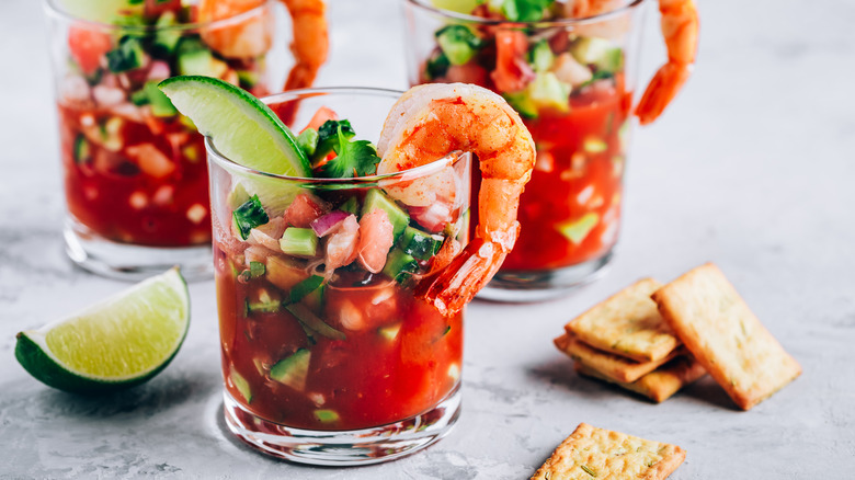 Small glasses of Mexican shrimp cocktail