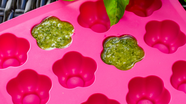 basil pesto in ice cube tray