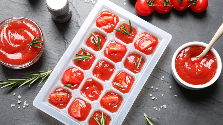 tomato sauce in ice cube tray