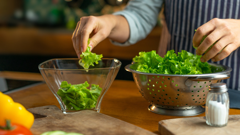 Hands tearing salad leaves