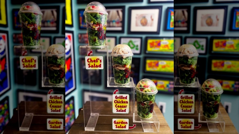 Three McSalad Shakers filled it with fake but realistic-looking food placed on a transparent display