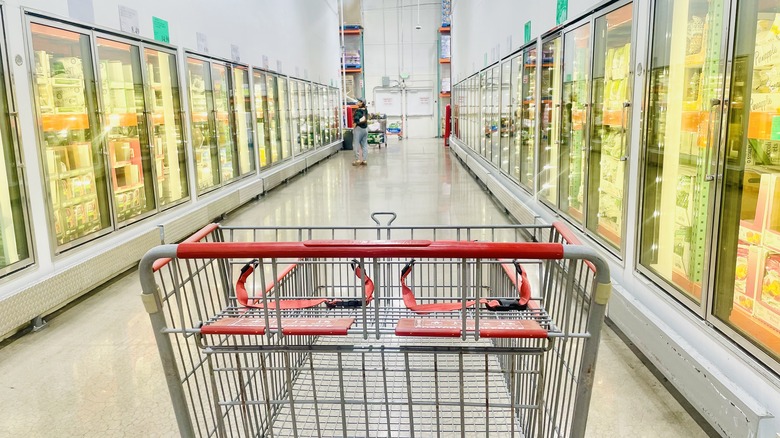 Shopping cart in the frozen food section of Costco