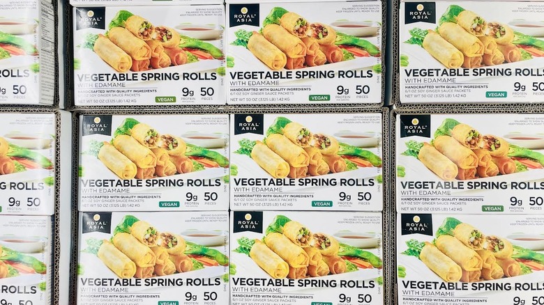Boxes of Royal Asia Vegetable Spring Rolls lined up on shelf