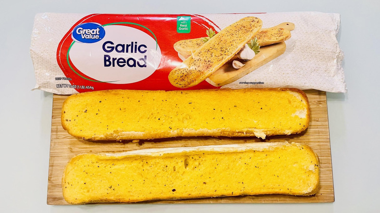Cooked loaf of Great Value Garlic Bread with opened packaging