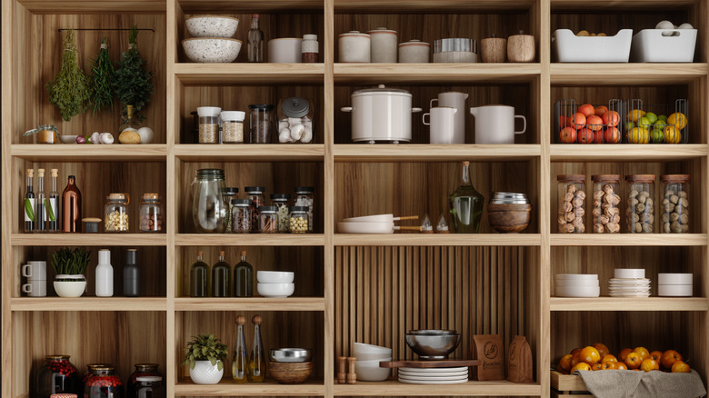 An organized kitchen pantry.