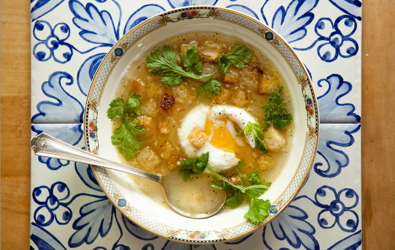 Garlic And Cilantro Soup With Poached Eggs And Croutons Recipe